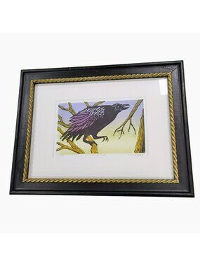 Crow At Dusk Framed Linocut Print By Nancy Darrell Signed Limited Edition 8/25